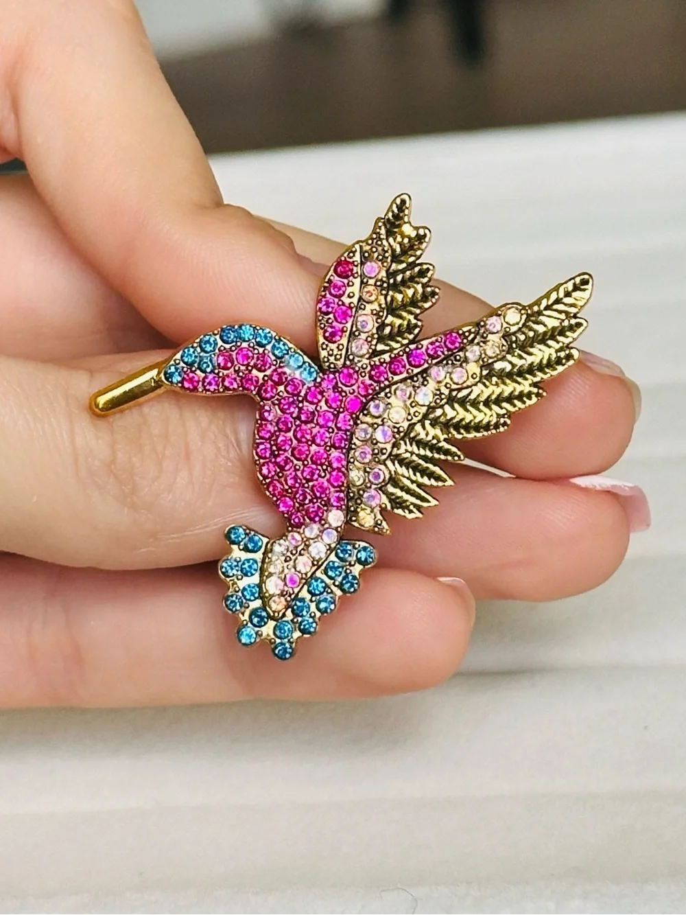 Gold Hummingbird Brooch with Pink and Blue Rhinestones NEW